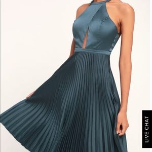 Lulus Blue grey satin peep hole halter dress